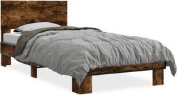 vidaXL - Bedframe - bewerkt - hout - en - metaal - gerookt - eikenkleurig - 75x190 - cm