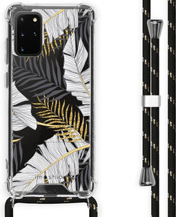 iMoshion Hoesje Geschikt voor Samsung Galaxy S20 Plus Hoesje Met Koord - iMoshion Design Hoesje met Koord - Goud / Zwart / Transparant / Glamour Botanic