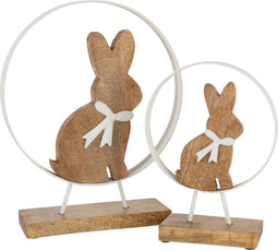 J-Line decoratie Konijn Strik In Rond - hout/ijzer - wit/naturel - medium - paasdecoratie