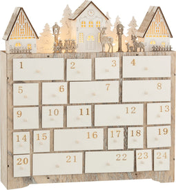 J-Line Adventskalender kerst - hout - beige - 40 cm - LED lichtjes - kerstversiering voor binnen