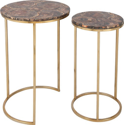 J-Line bijzettafel Petri - steen/metaal - bruin/zilver - set van 2