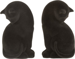 J-Line boekensteun Kat - kunststof/fluweel - zwart - 2 stuks