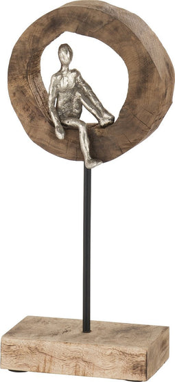 J-Line decoratie figuur Laag Denker Ring - hout/aluminium - naturel/zilver