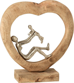 J-Line decoratie Figuur Ouder Met Kind Hart - hout/aluminium - naturel/wit