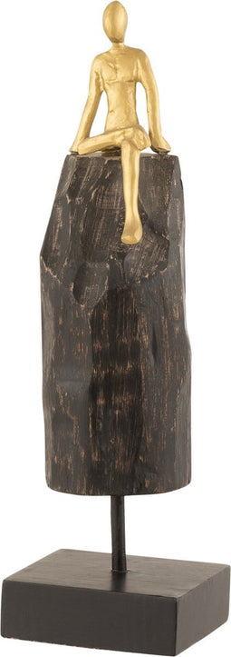 J-Line decoratie Figuur Zittend - hout/aluminium - zwart/goud - small