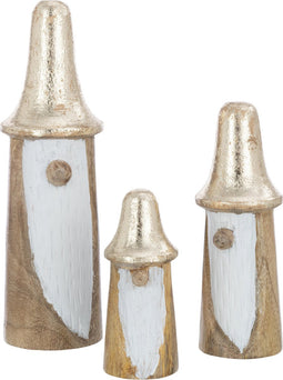 J-Line decoratie Kabouter Paddenstoel - hout - naturel/goud - 3 stuks