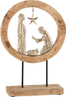 J-Line decoratie Kerstal In Ring - aluminium/hout - naturel/zilver