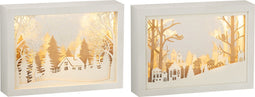 J-Line decoratie kerstdorpje - kader 3D Winter - pvc/glas - goud - 2 stuks - LED lichtjes