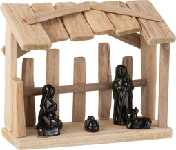 J-Line decoratie Kerststal Plat Dak - hout/keramiek - naturel/zwart