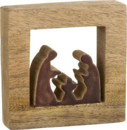 J-Line decoratie Kerststal Vierkant - hout - bruin/wit - small