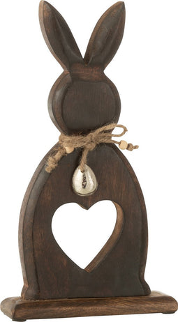 J-Line decoratie Konijn Hart + Ei - hout - donkerbruin - small - paasdecoratie