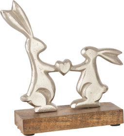 J-Line decoratie Konijnen Koppel - hout/ijzer - zilver/naturel