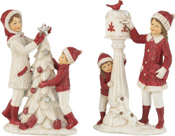 J-Line decoratie Meisje + Kind Kerst - polyresin - wit/rood - 2 stuks