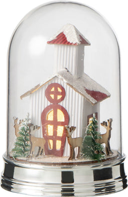 J-Line decoratie Stolp Winter Huis + Dieren - kunststof - wit/groen - LED lichtjes