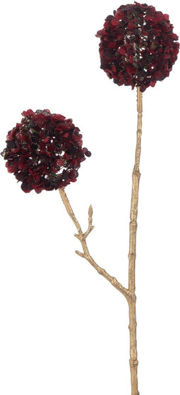 J-Line decoratie Tak 2 Bloemen Pompons - kunststof - rood/goud - small - 12 stuks