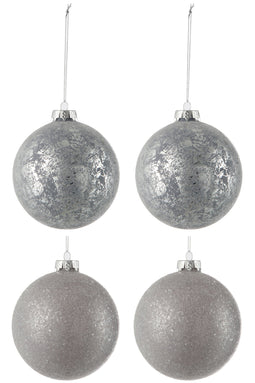 J-Line kerstbal 2 pailletten + 2 antiek - glas - grijs - doos van 4