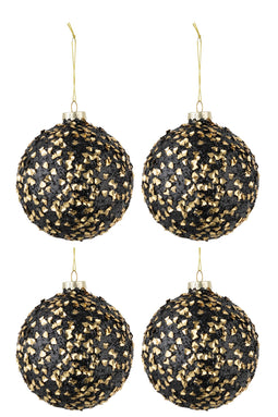 J-Line Doos Van 4 Kerstballen Glitter Paillettenglas Zwart Goud Medium
