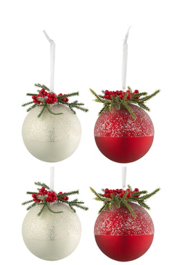 J-Line Doos Van 4 Kerstballen Kerstdeco+Bessen Suiker Glas Wit/Rd Small