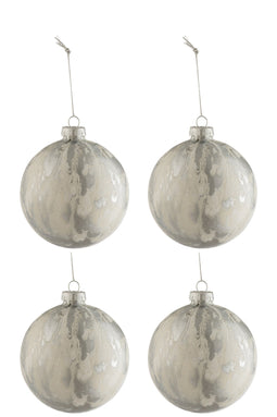 J-Line kerstbal marmerlook - glas - wit/zilver - medium - doos van 4