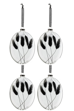 J-Line Doos Van 4 Kerstballen Ovaal Plat Gedroogde Hazenstaart Zwart Glas Transparant Large