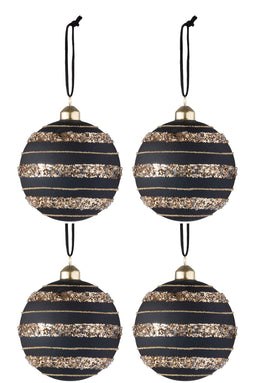J-Line Doos Van 4 Kerstballen Pailletten Glas Mat Zwart/Goud Medium