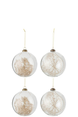 J-Line Doos Van 4 Kerstballen Rond Bol 2+2 Gedroogde Pampas Glas Transparant Large