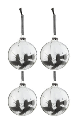 J-Line kerstbal Rond Gedroogde Hazenstaart - glas - zwart/transparant - medium - doos van 4