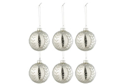 J-Line Doos Van 6 Kerstballen Blaadjes Glitter Glas Blinkend Zilver Small