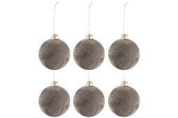 J-Line Doos Van 6 Kerstballen Fluweel Glas Grijs Small