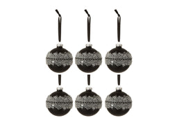 J-Line Doos Van 6 Kerstballen Suiker Midden Diamanten Lijn Glas Mat Zwart Small