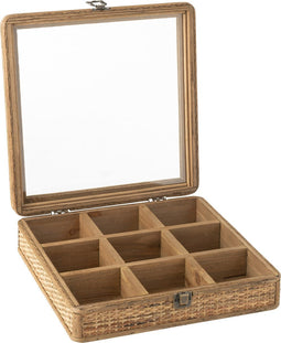J-Line doos Vierkant 9 compartimenten - rotan/glas - naturel