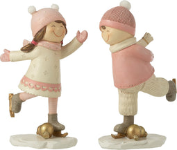 J-Line figuur Ijsschaatsende Jongen + Meisje - polyresin - roze - 2 stuks