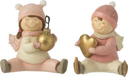 J-Line figuur Jongen + Meisje Zittend Hart Kerstbal - polyresin - roze - 2 stuks