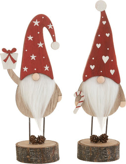 J-Line figuur Kerstman Op Voet Hoed Hart/Ster - hout - rood/wit - small - 2 stuks