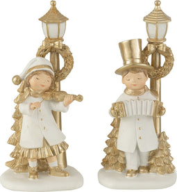 J-Line figuur Kind Lantaarn - polyresin - wit/goud - 2 stuks