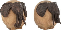 J-Line figuur Olifant - hout/metaal - naturel/brons - 2 stuks