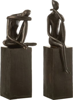 J-Line figuur Op Sokkel - polyresin - donkerbruin- 2 stuks
