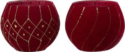 J-Line kaarshouder Lijnen/Geruit - fluweel - rood/goud - 2 stuks