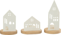 J-Line kaarshouder - theelichthouder Huis - aluminium/hout - wit - 3 stuks