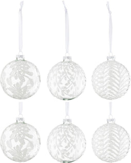 J-Line kerstbal Bladeren Pailletten - glas - wit - large - doos van 6