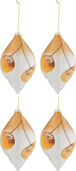 J-Line kerstbal Druppel Gedroogd Blad Oker + Glitter - glas - transparant - doos van 4