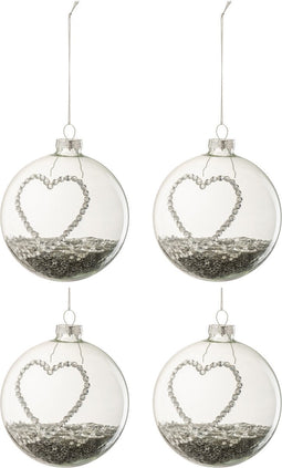 J-Line kerstbal Hart Strass Sterretjes - glas - zilver/transparant - medium - doos van 4