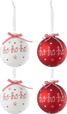 J-Line kerstbal Hoho - glas - rood/wit - large - doos van 4 stuks