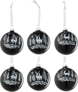 J-Line kerstbal Rendier - glas - zwart/wit - doos van 6