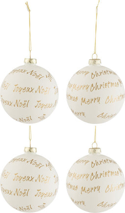 J-Line kerstbal Xmas - glas - wit/goud - doos van 4 stuks