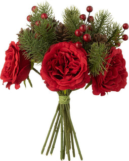 J-Line kerstboeket Rozen + Bessen - kunststof - rood/groen