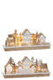 J-Line Kerstdorp - hout - naturel & wit - LED lichtjes - 2 stuks - kerstversiering voor binnen