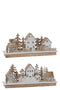 J-Line Kerstdorp - hout - naturel & wit - LED lichtjes - 2 stuks - kerstversiering voor binnen