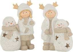 J-Line kerstfiguur Jongen En Meisje Sneeuwman - polyresin - mix - LED lichtjes - 2 stuks