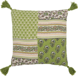 J-Line kussen Bloemen + Kwastjes - katoen - groen